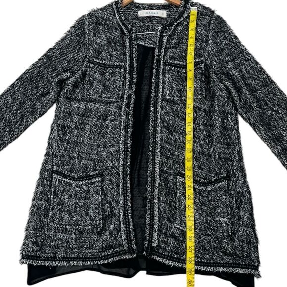Zara Knit Black White Boucle Open Front Longline Cardigan Coat Jacket Sz L - Picture 9 of 10